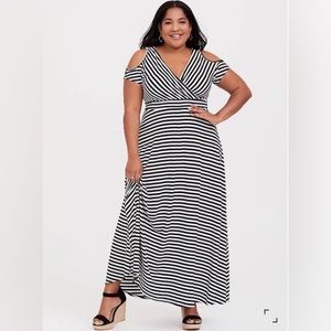 Torrid Black and White Striped Jersey Cold Shoulder Maxi Dress